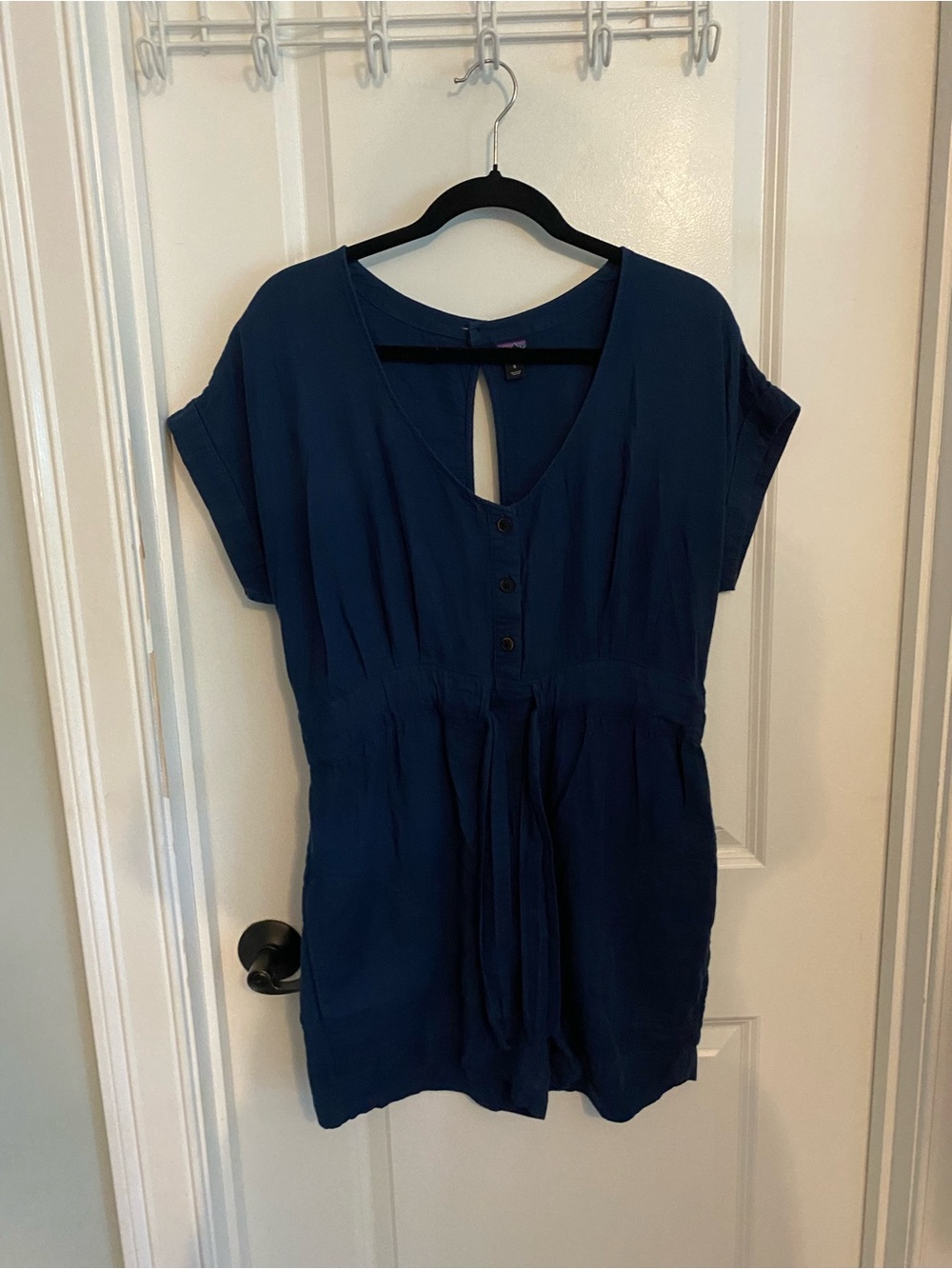 Patagonia Navy Blue Short Sleeve Button-Front Tie Romper